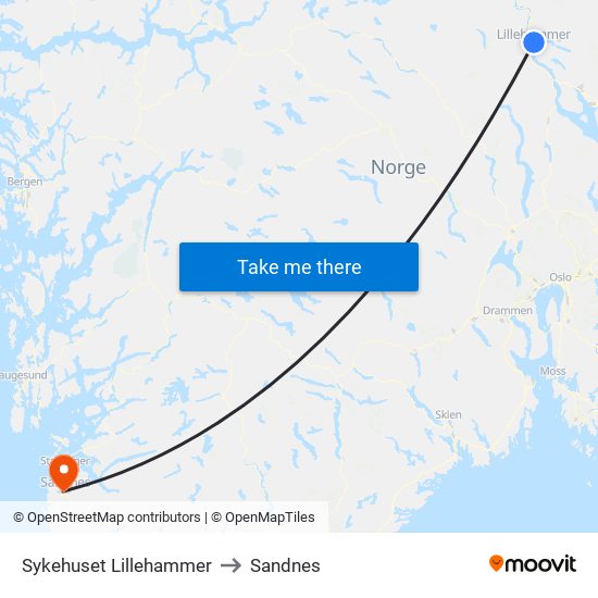 Sykehuset Lillehammer to Sandnes map