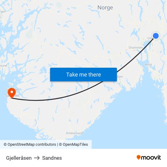 Gjelleråsen to Sandnes map