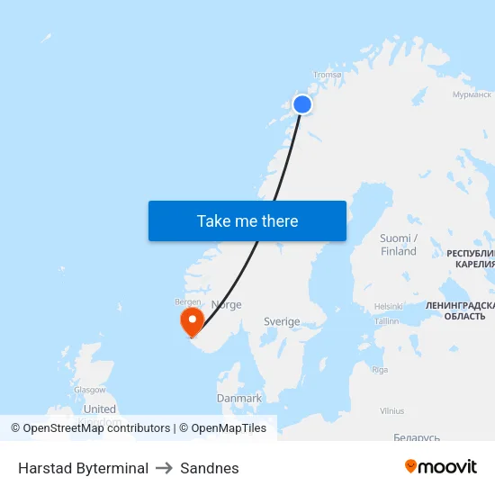 Harstad Byterminal to Sandnes map