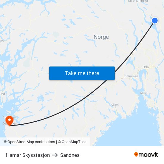 Hamar Skysstasjon to Sandnes map