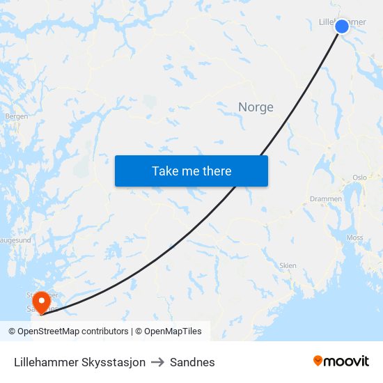 Lillehammer Skysstasjon to Sandnes map