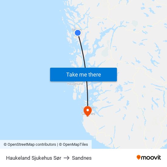 Haukeland Sjukehus Sør to Sandnes map