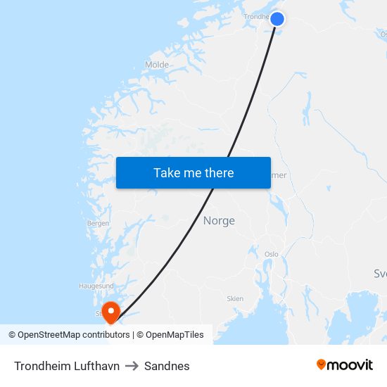 Trondheim Lufthavn to Sandnes map