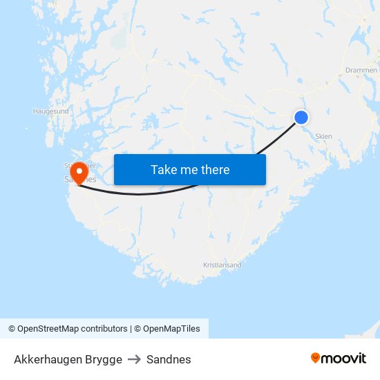 Akkerhaugen Brygge to Sandnes map