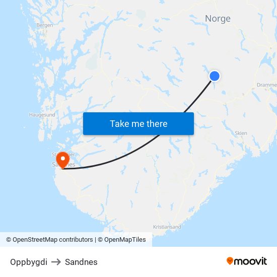 Oppbygdi to Sandnes map