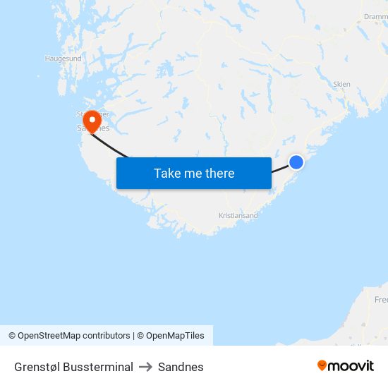 Grenstøl Bussterminal to Sandnes map