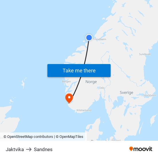 Jaktvika to Sandnes map