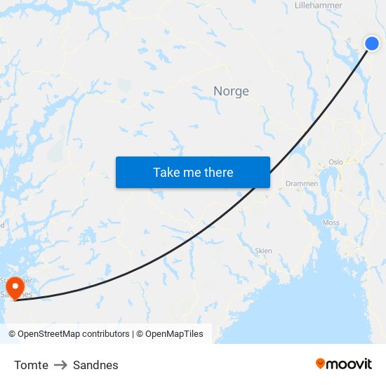 Tomte to Sandnes map