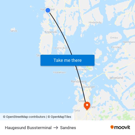 Haugesund Bussterminal to Sandnes map