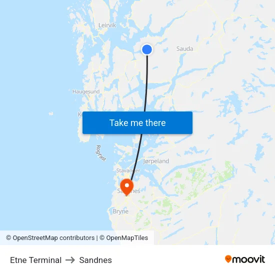 Etne Terminal to Sandnes map