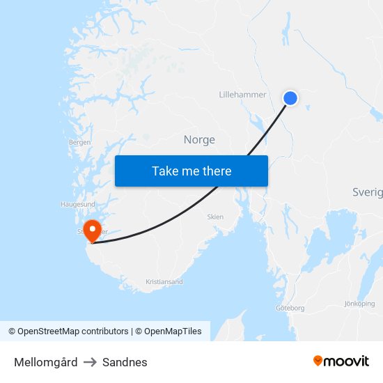 Mellomgård to Sandnes map