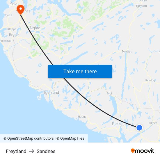 Frøytland to Sandnes map