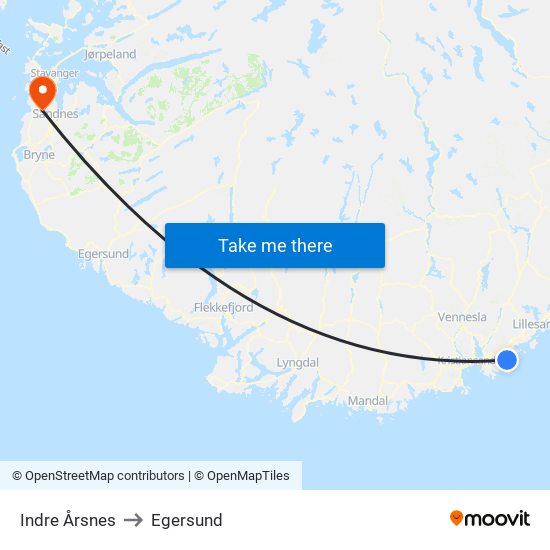 Indre Årsnes to Egersund map