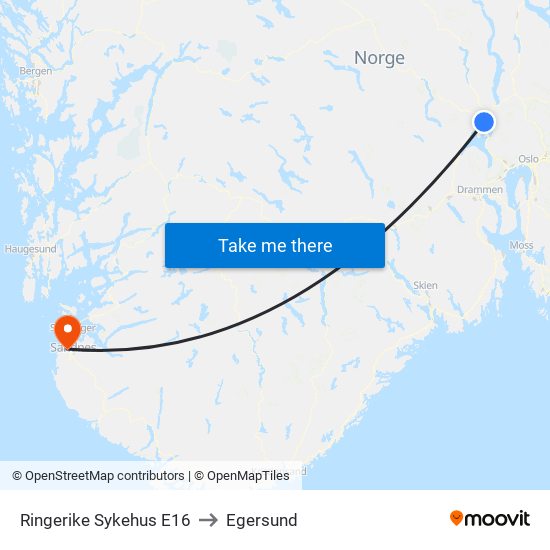 Ringerike Sykehus E16 to Egersund map