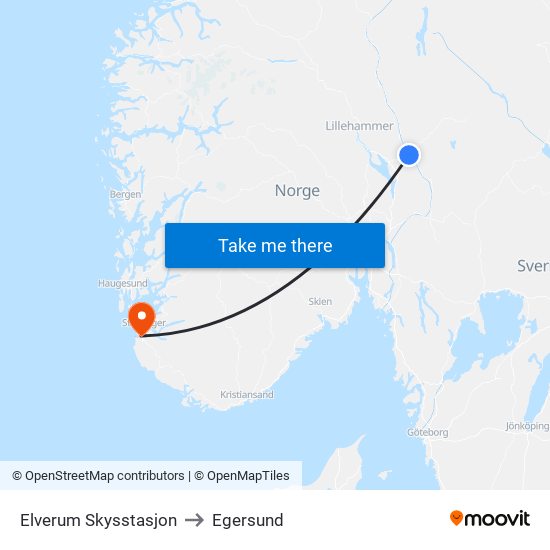 Elverum Skysstasjon to Egersund map