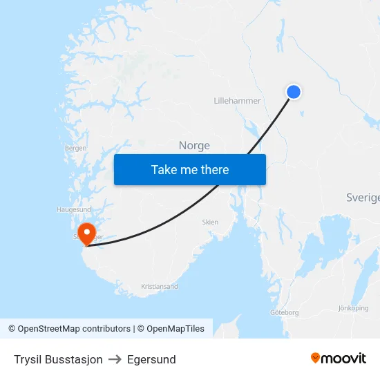 Trysil Busstasjon to Egersund map