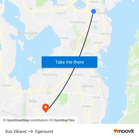 Sus Våland to Egersund map