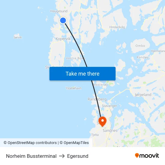Norheim Bussterminal to Egersund map