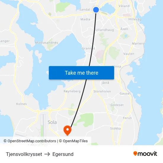 Tjensvollkrysset to Egersund map
