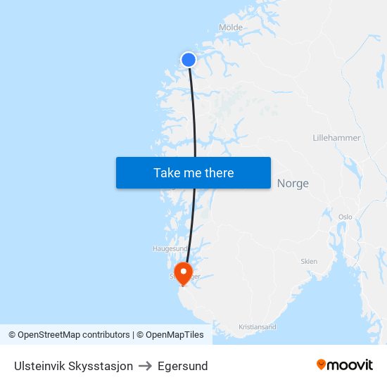 Ulsteinvik Skysstasjon to Egersund map