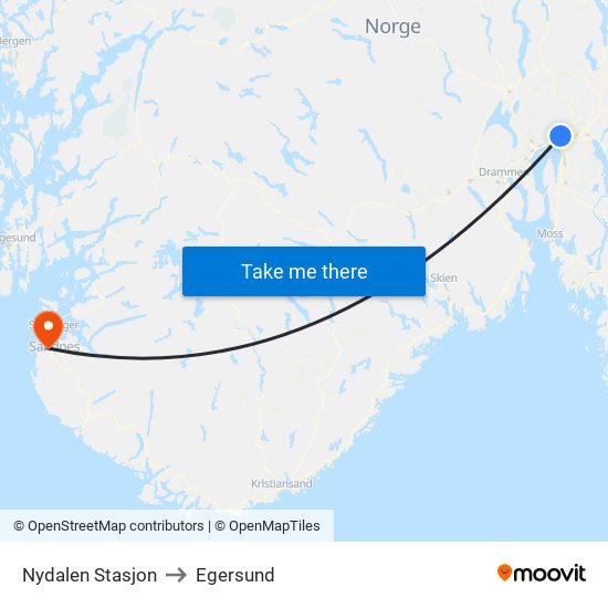 Nydalen Stasjon to Egersund map