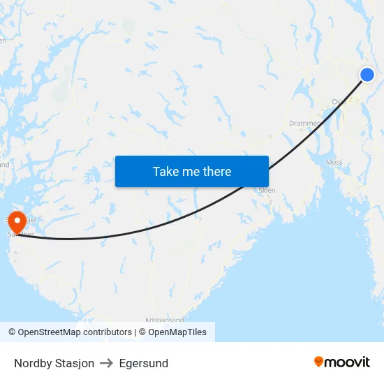 Nordby Stasjon to Egersund map