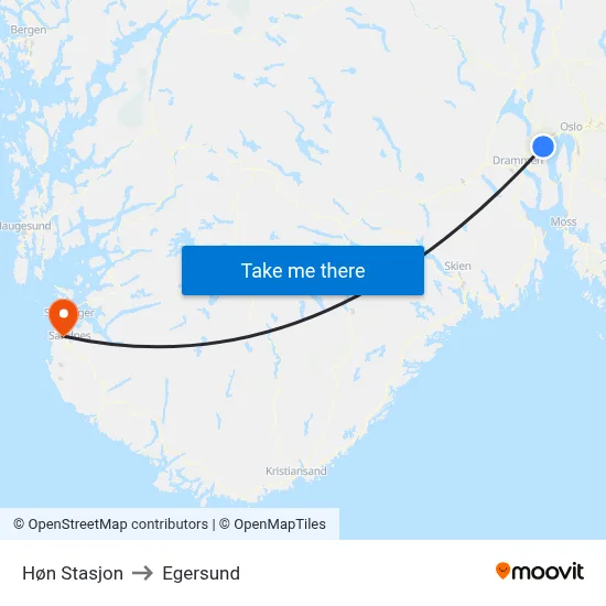 Høn Stasjon to Egersund map
