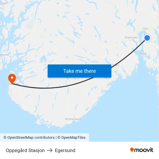Oppegård Stasjon to Egersund map