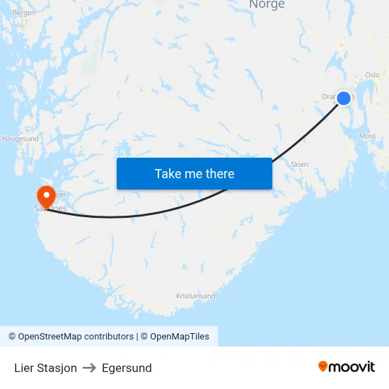 Lier Stasjon to Egersund map