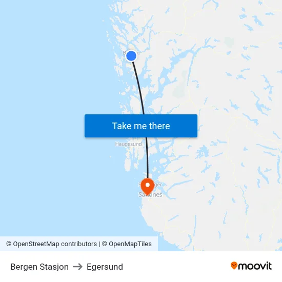 Bergen Stasjon to Egersund map
