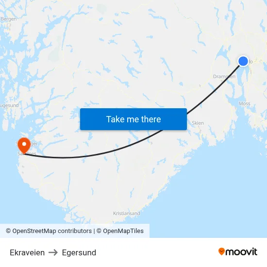 Ekraveien to Egersund map