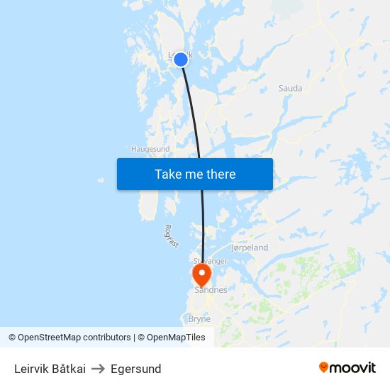 Leirvik Båtkai to Egersund map