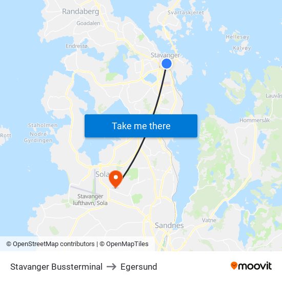 Stavanger Bussterminal to Egersund map
