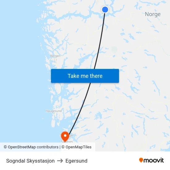 Sogndal Skysstasjon to Egersund map