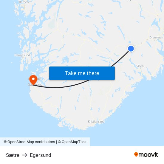 Sætre to Egersund map