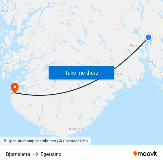 Bjørnsletta to Egersund map