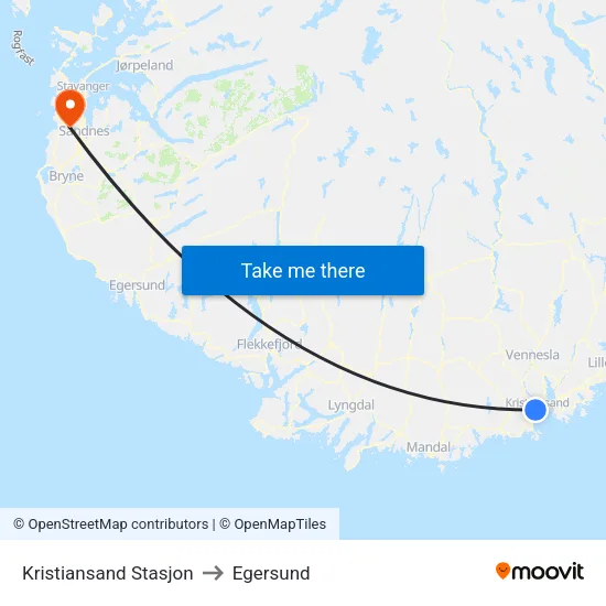 Kristiansand Stasjon to Egersund map