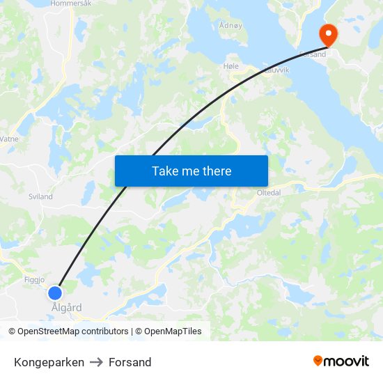 Kongeparken to Forsand map