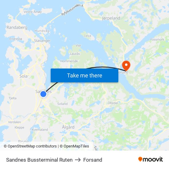 Sandnes Bussterminal Ruten to Forsand map