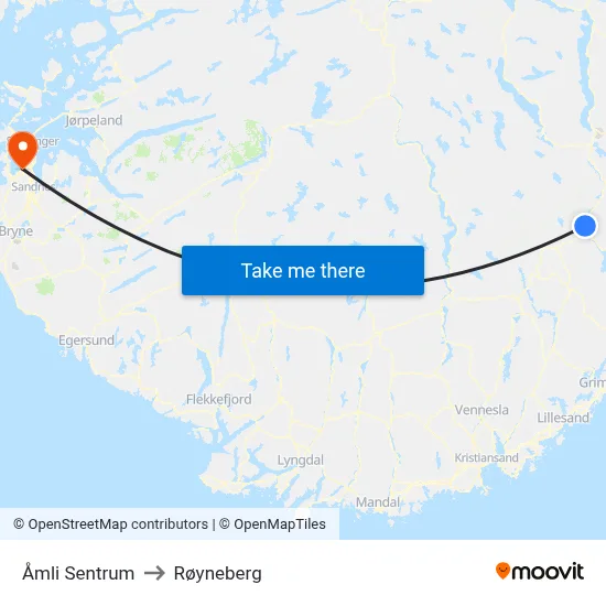 Åmli Sentrum to Røyneberg map