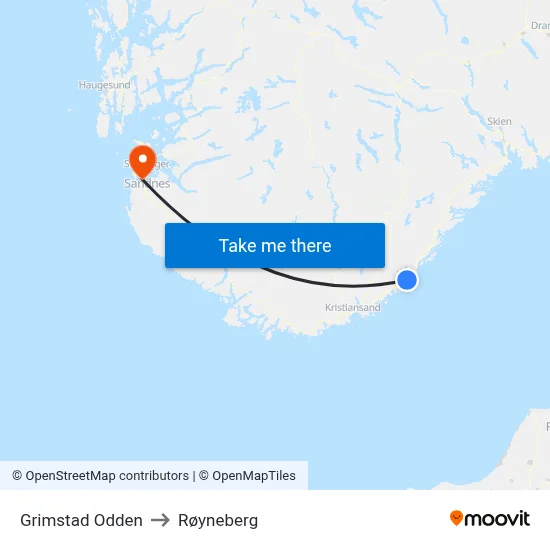 Grimstad Odden to Røyneberg map