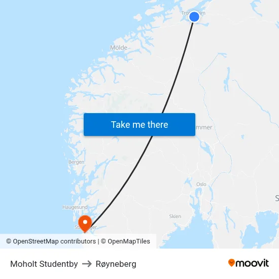 Moholt Studentby to Røyneberg map