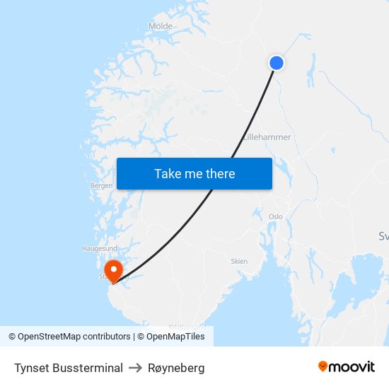 Tynset Bussterminal to Røyneberg map