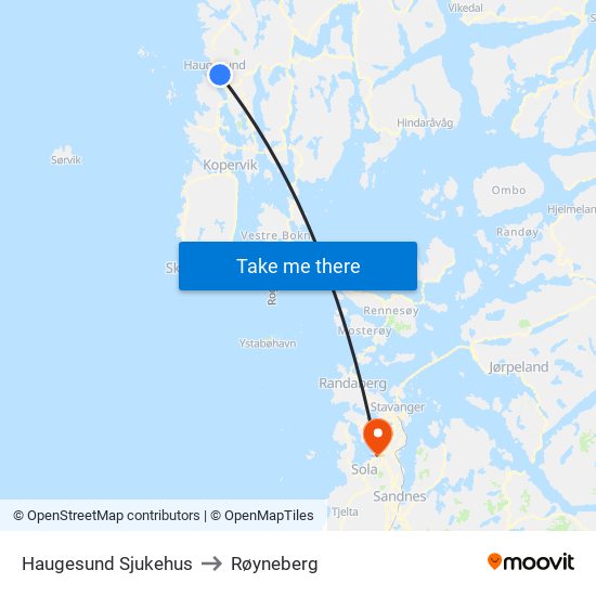 Haugesund Sjukehus to Røyneberg map