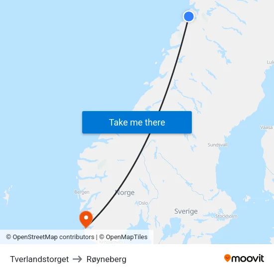 Tverlandstorget to Røyneberg map