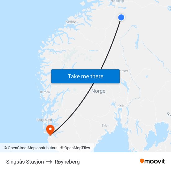 Singsås Stasjon to Røyneberg map