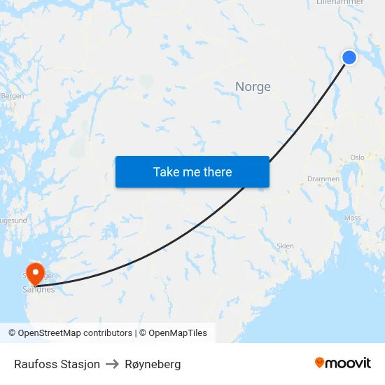 Raufoss Stasjon to Røyneberg map