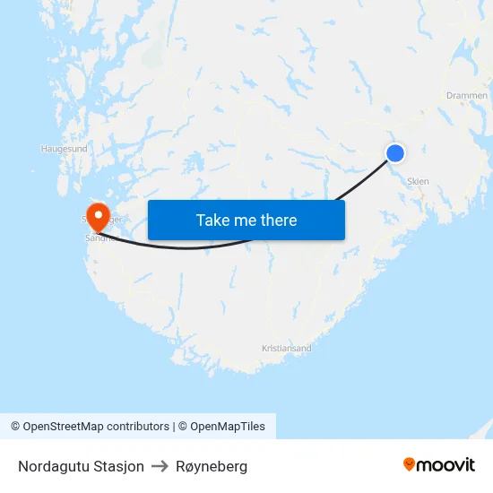 Nordagutu Stasjon to Røyneberg map