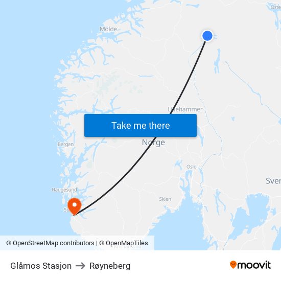 Glåmos Stasjon to Røyneberg map