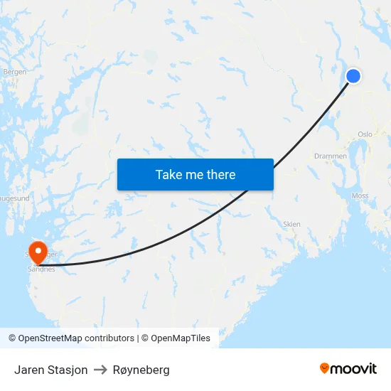 Jaren Stasjon to Røyneberg map